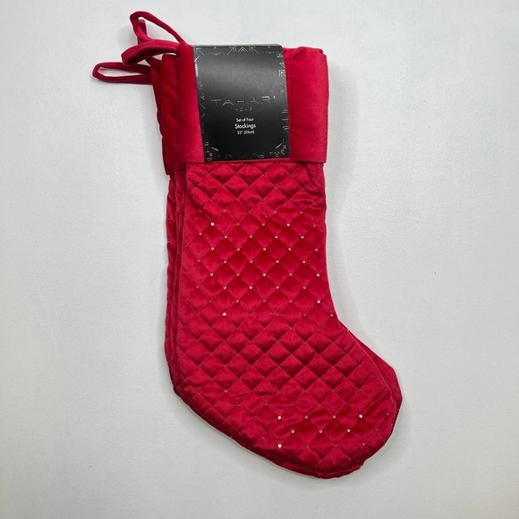 New Tahari Red Quilted Velvet Christmas Stocking Silver Sequins 22" Set of 4 - Picture 1 of 5